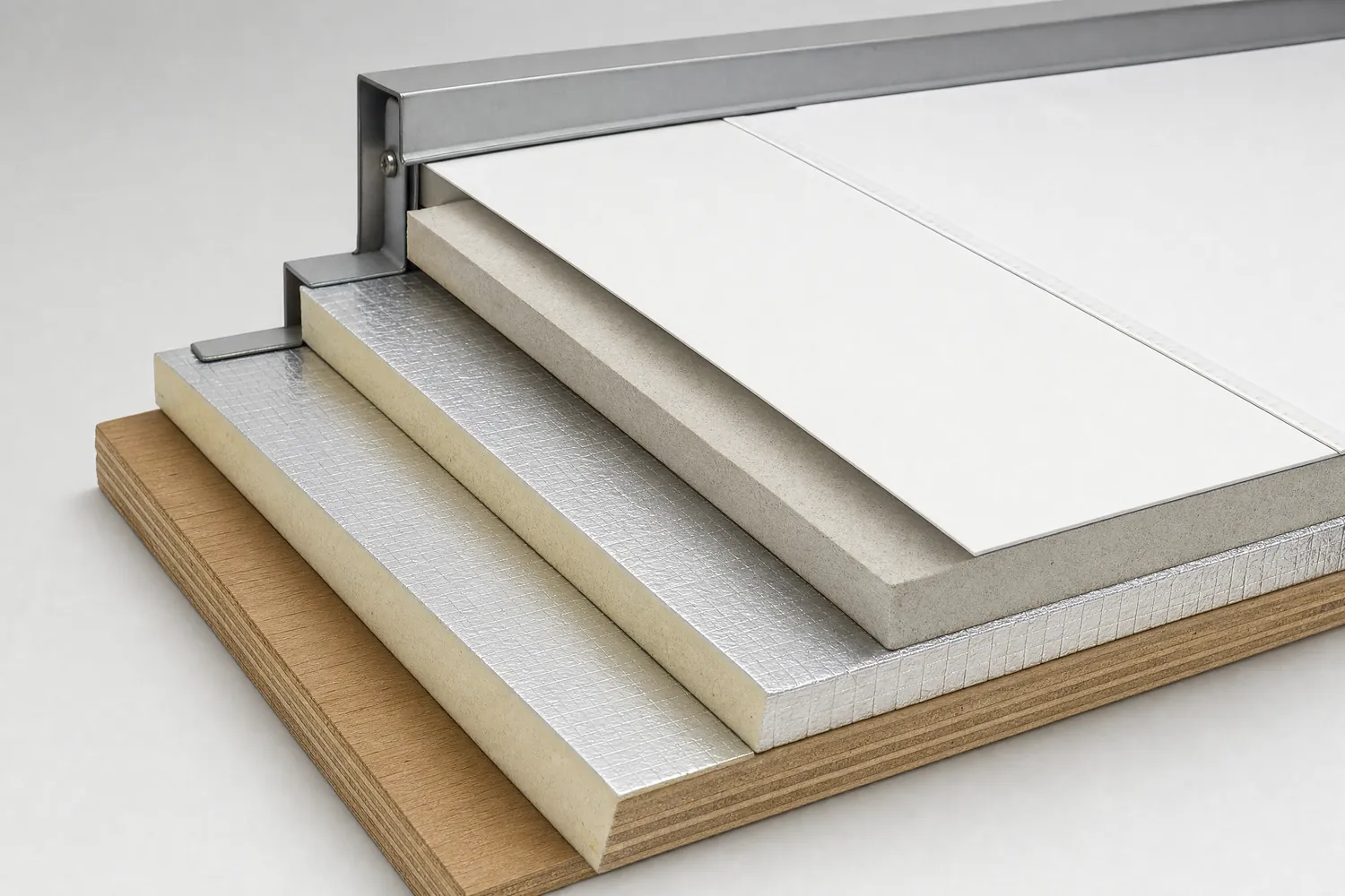 Cut-away of a tpo flat roof: roof deck, polyiso insulation, cover board, tpo membrane, metal roof edge (illustrative rendering)