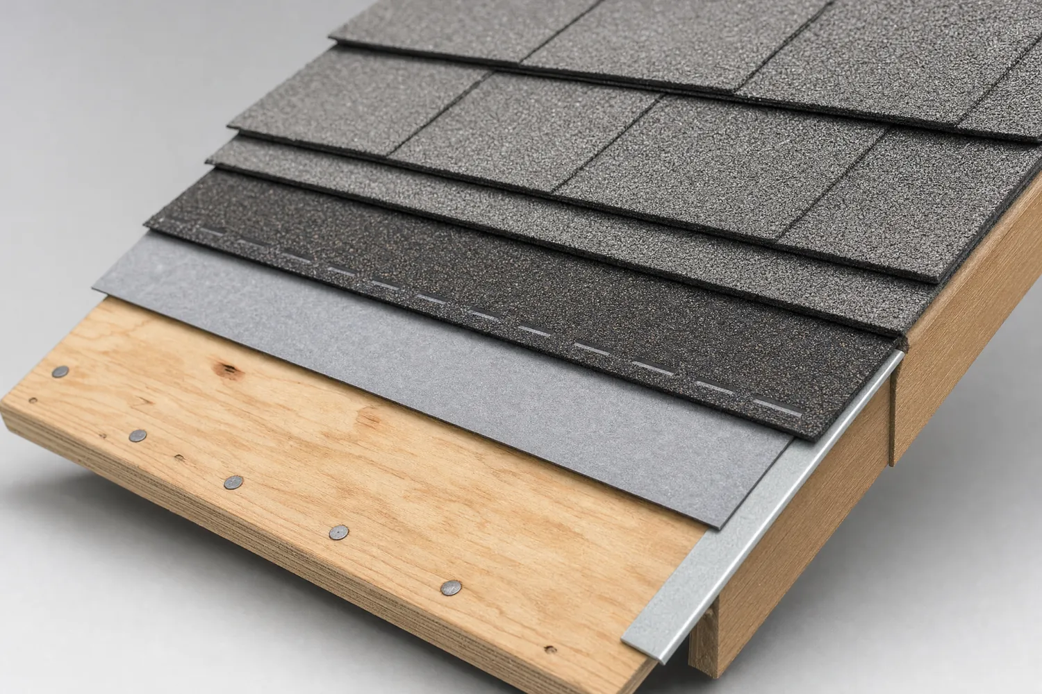 Cut-away of a shingle roof: plywood deck, synthetic underlayment, drip edge, starter strip, architectural shingles (illustrative rendering)