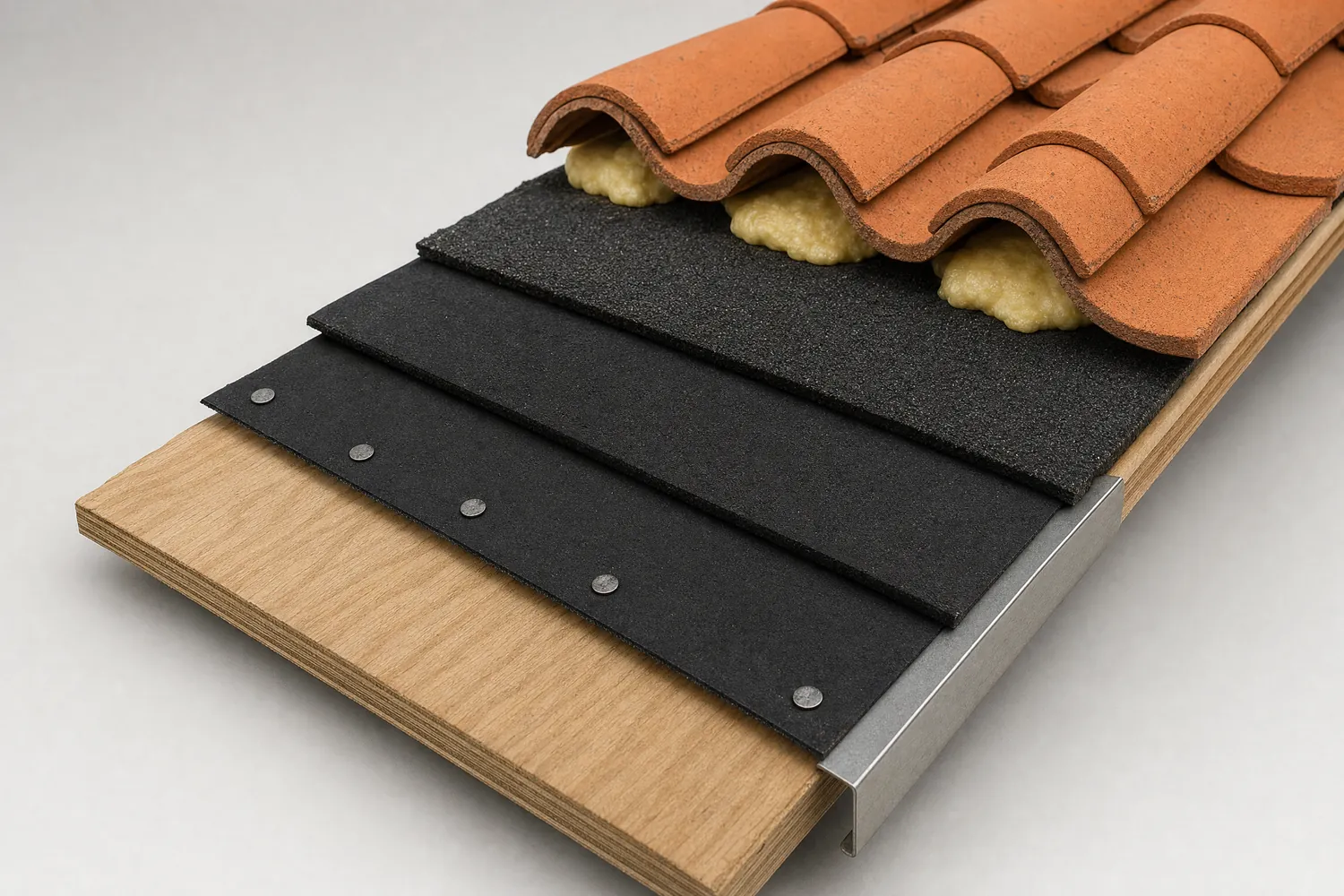Cut-away of a clay tile roof: plywood deck, base sheet, drip edge, cap sheet, foam adhesive, clay barrel tile (illustrative rendering)