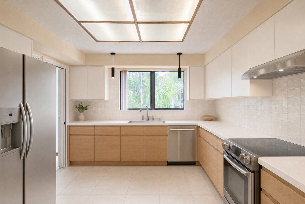 Cocina remodelada con gabinetes blancos y de roble claro, topes de cuarzo y electrodomésticos de acero inoxidable (imagen ilustrativa)