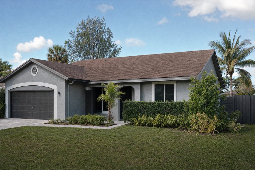 Gray stucco South Florida home with a repaired architectural shingle roof (illustrative rendering)