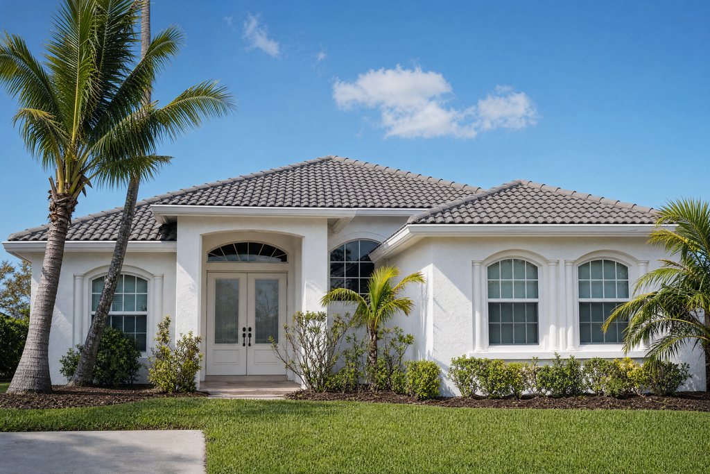 White South Florida home with its tile roof fully restored after a hurricane (illustrative rendering)