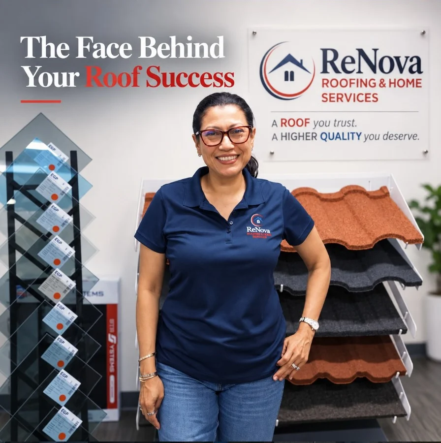 Sheyla, Head of Operations at ReNova, in the ReNova showroom under the headline The Face Behind Your Roof Success