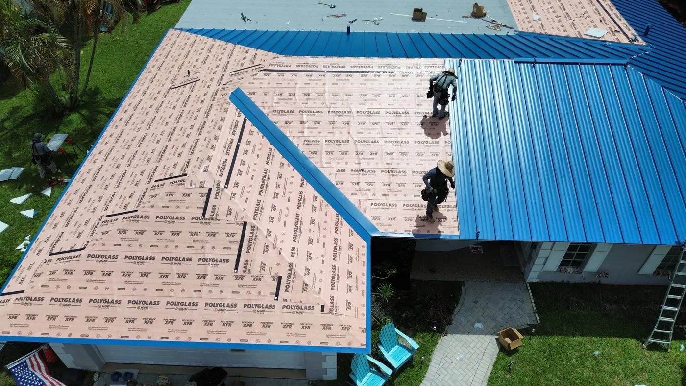 Hip roof mid-install over Polyglass synthetic underlayment